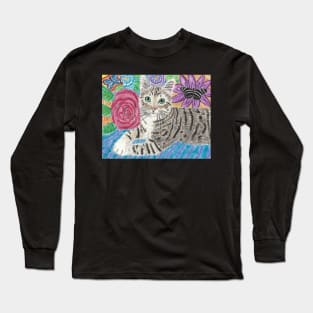 Cute Tabby cat flowers butterflies Long Sleeve T-Shirt